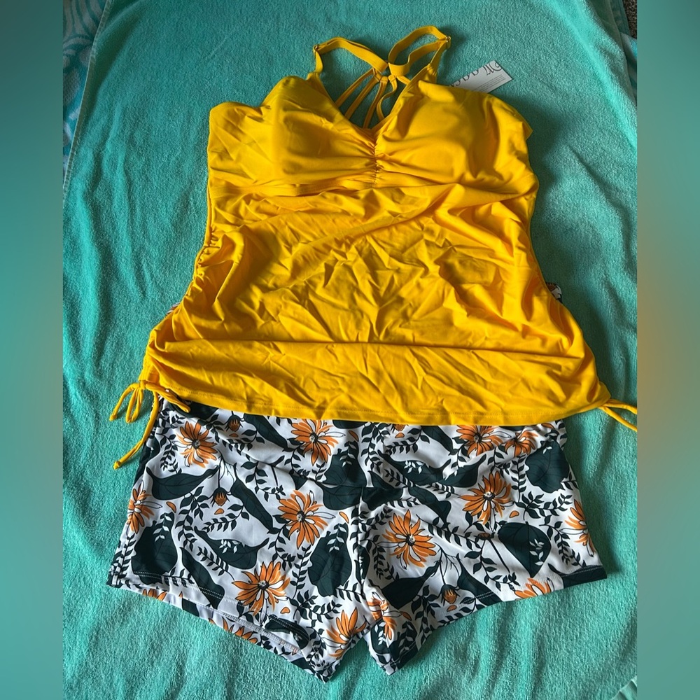 Yellow Kids One Piece Swimsuit with Floral Shorts